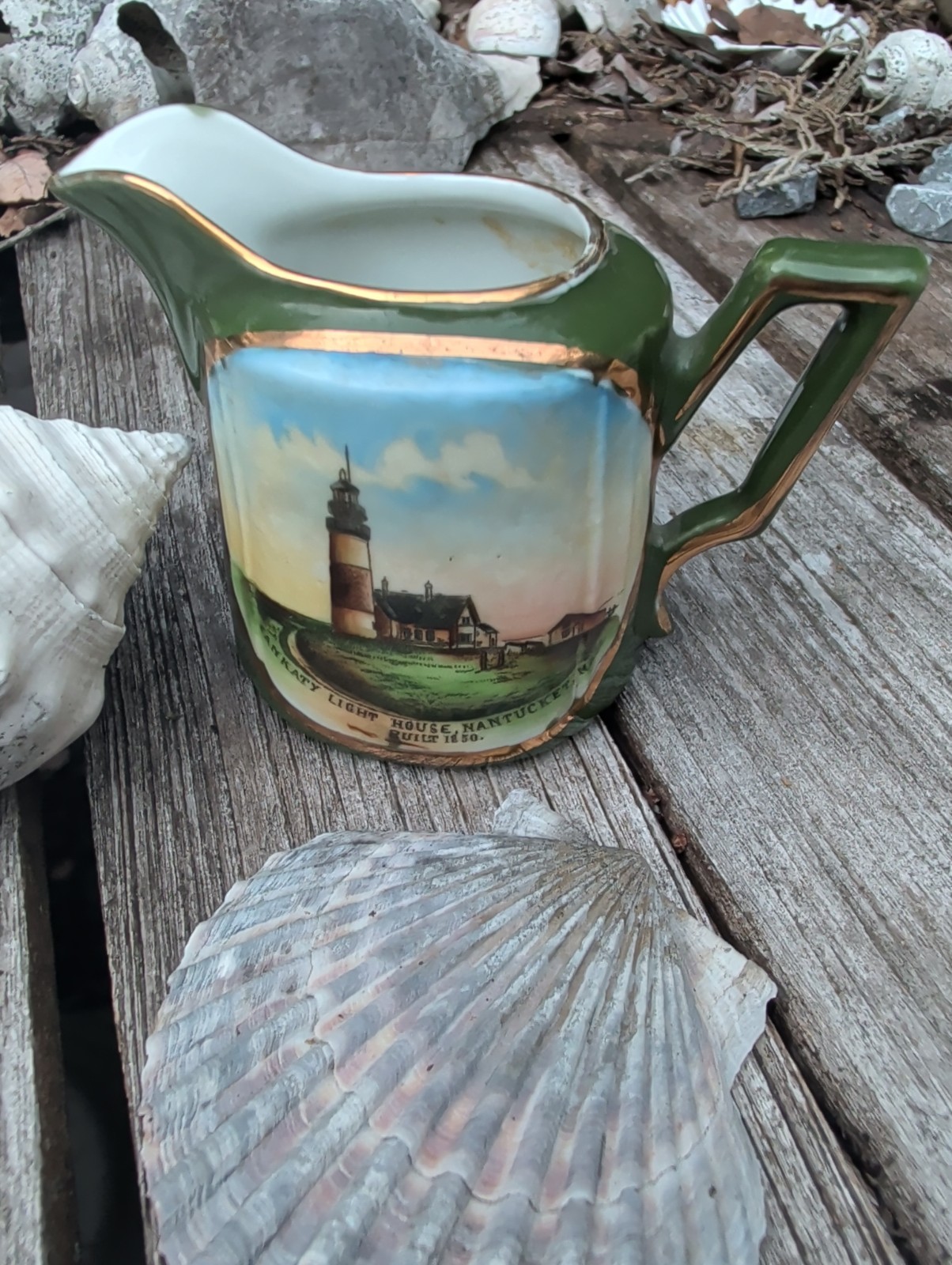 Germany Antique Pitcher Nantucket Mass Sankaty Lighthouse Green Souvenir Germany Antique Pitcher Nantucket Mass Sankaty Lighthouse Green Souvenir