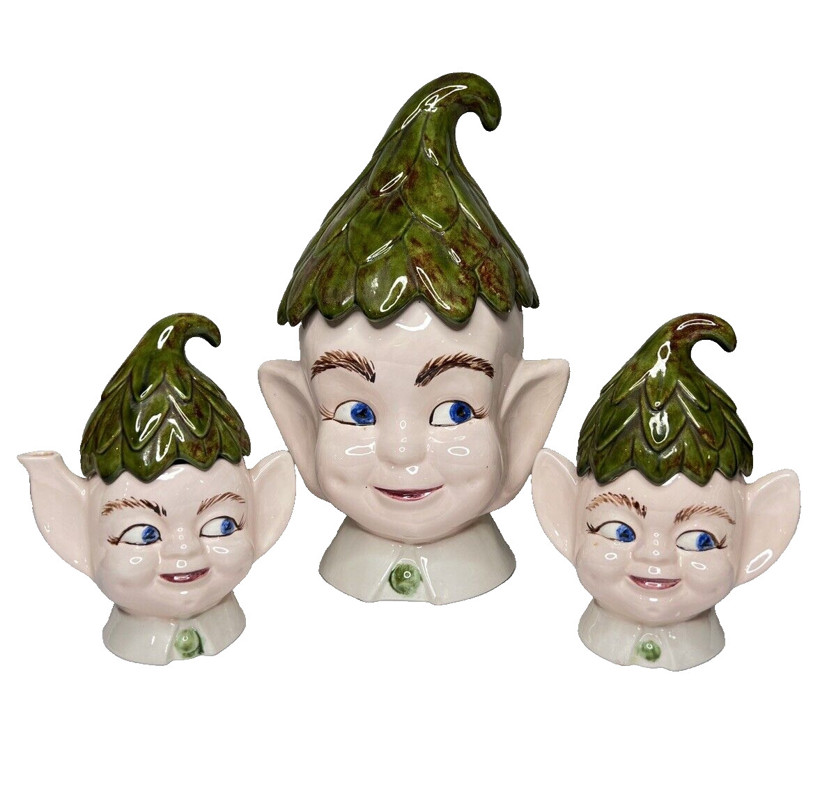 6 Pc Vintage MCM 50s Elf Pixie Cookie Jar with Creamer & Sugar Mischief Side Eye