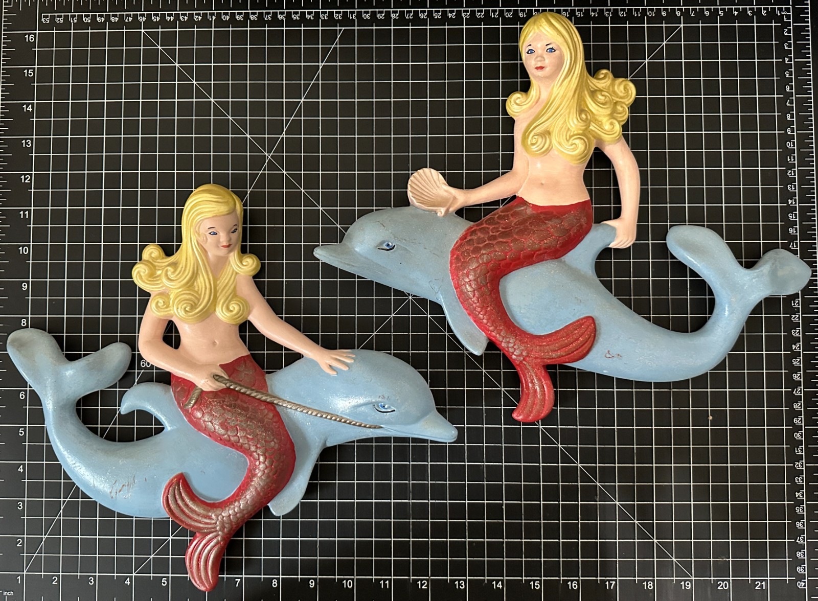 Pair of Vintage Atlantic Mold Mermaids Riding on Dolphins Wall Art MCM VGC Pair of Vintage Atlantic Mold Mermaids Riding on Dolphins Wall Art MCM VGC