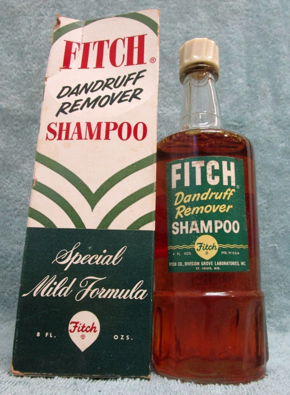 VINTAGE 1950's NOS FITCH DANDRUFF LIQUID SHAMPOO 8 OZ GLASS BOTTLE ST. LOUIS MO.
