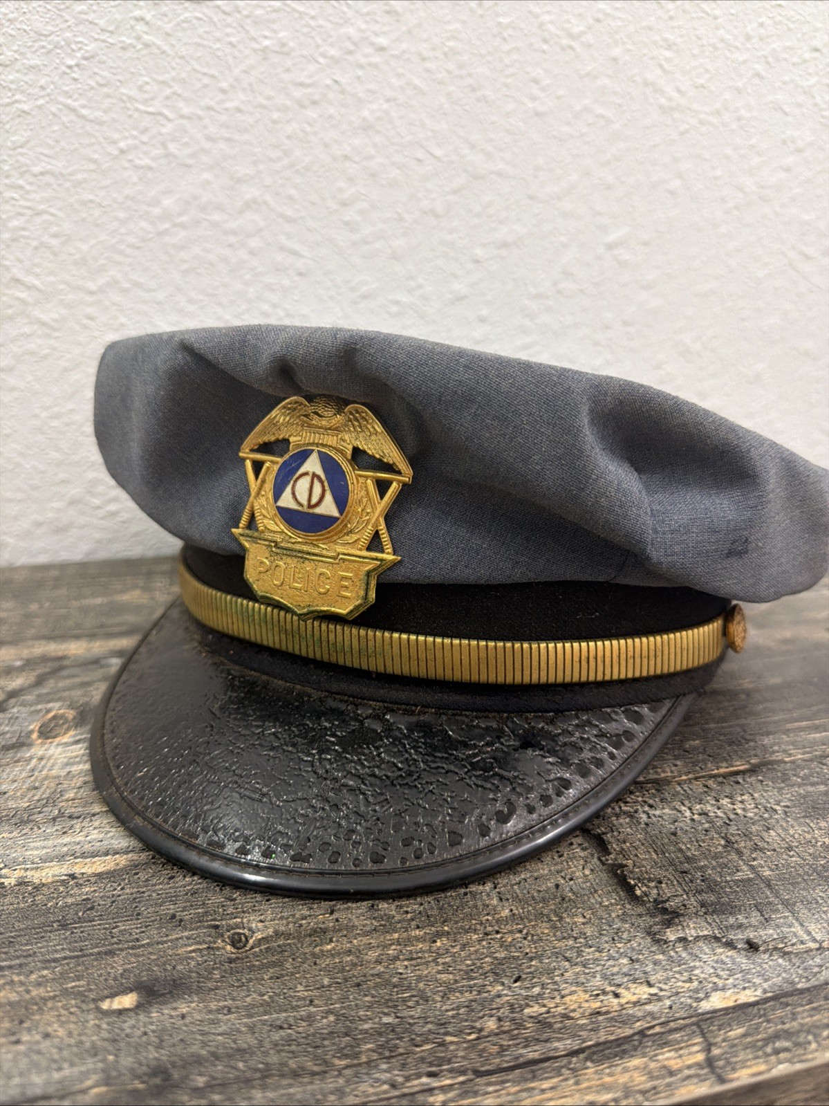 Vintage 1950s-60s US Civil Defense Auxiliary Police Cap CD Badge Leon Uniform Co