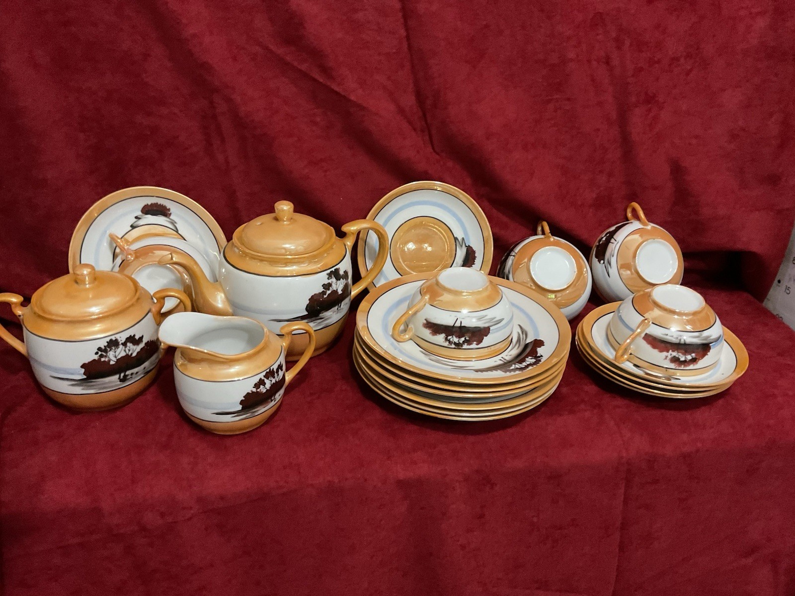 Vtg 1920-1940 Japan Lusterware Tea Set, Lake House & Swan, 20 Pieces Iridescent Vtg 1920-1940 Japan Lusterware Tea Set, Lake House & Swan, 20 Pieces Iridescent