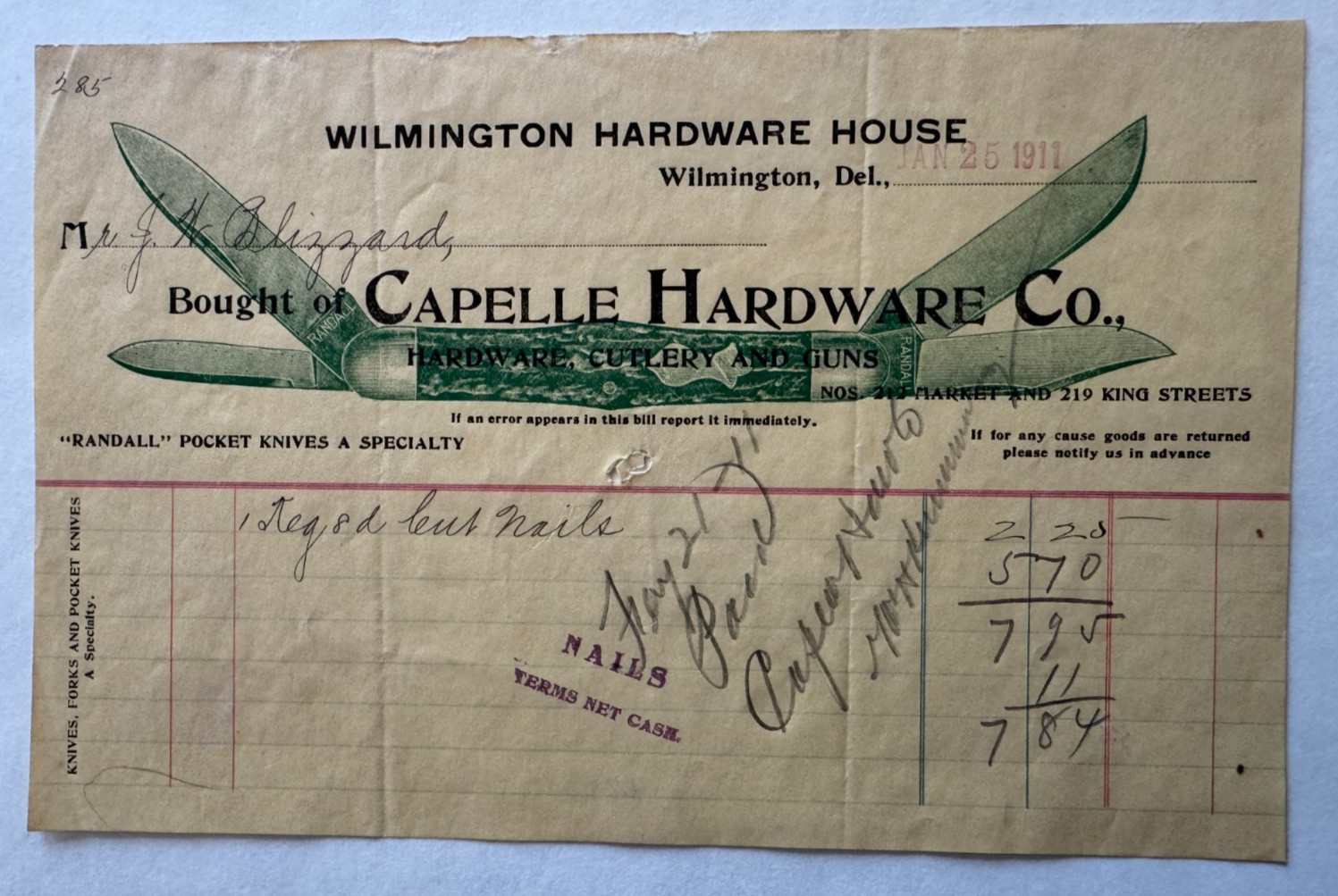 Vintage 1911 Billhead Wilmington DE Capelle Hardware Cutlery Guns Pocket Knives