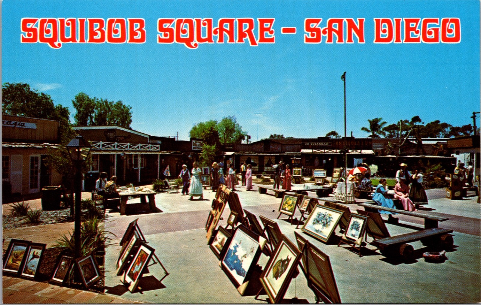 Vintage Squibob Square Old Town San Diego California Art Market Postcard