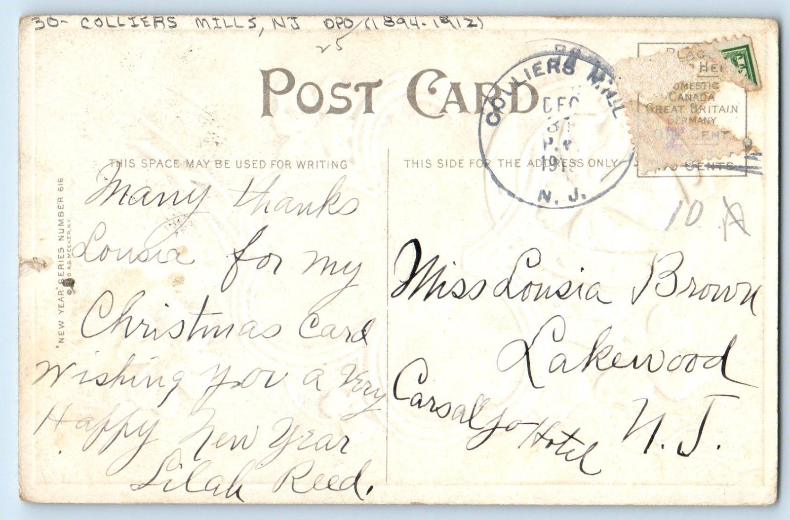 c1910's New Year Clover Horseshoe Colliers Mills NJ DPO (1894-1912) Postcard