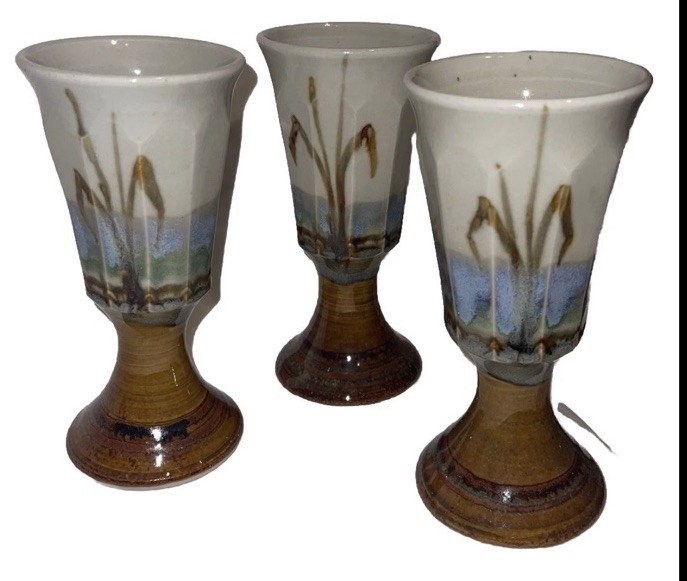 Nice Vtg Studio Stoneware Pottery 3 Challis Goblets CatTails signed Hope Nice Vtg Studio Stoneware Pottery 3 Challis Goblets CatTails signed Hope