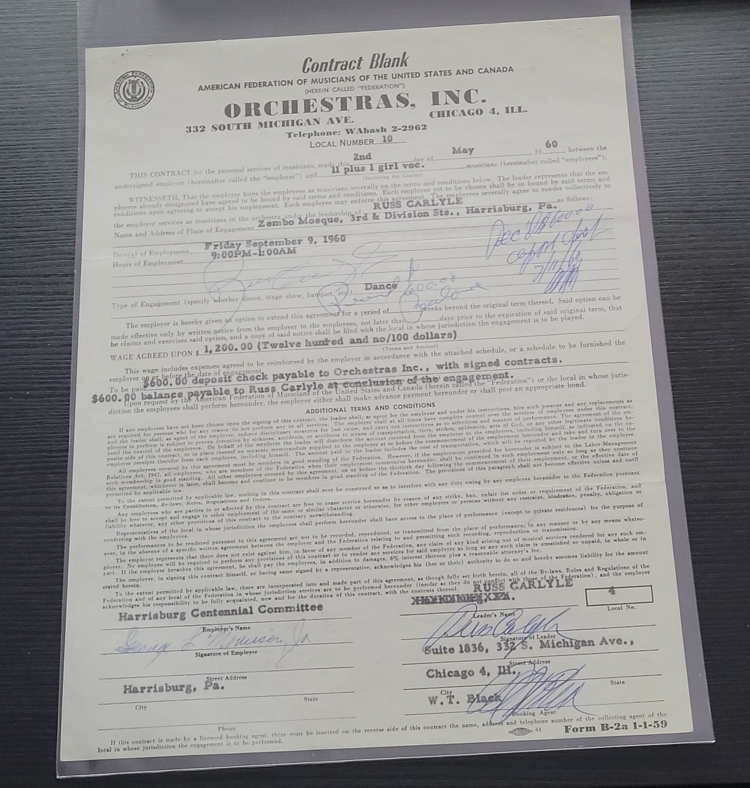 RUSS CARLYLE BIG BAND SIGNED JAZZ CONTRACT 1960 ZEMBO MOSQUE HARISBURG PA RARE