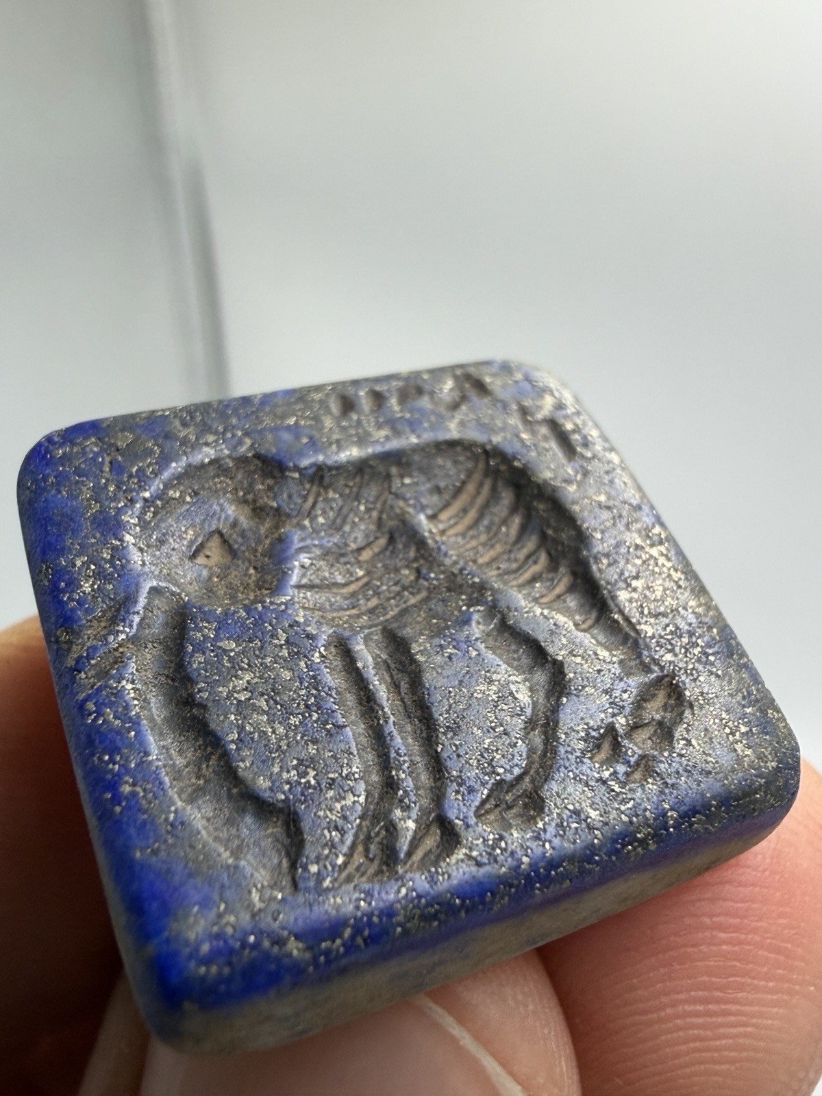 Near Eastern Ancient Lapis Lazuli Winged Animal Amulet Seal Carved Blue Stone