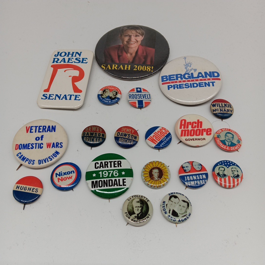 Vintage Political Pin Lot of 20 Pinbacks Round Various Sizes and Conditions Vintage Political Pin Lot of 20 Pinbacks Round Various Sizes and Conditions