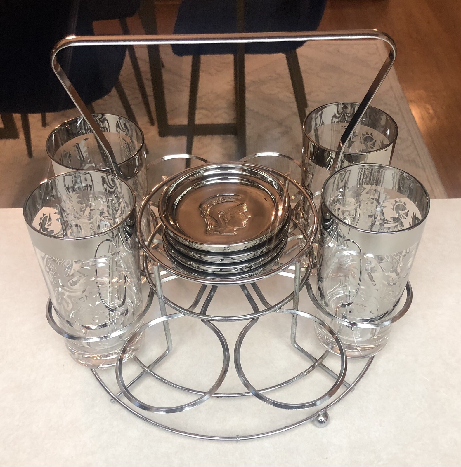 Kimiko Silver Guardian Shield Bar Set Caddy 4 Glasses & 4 Coasters Mid Century Kimiko Silver Guardian Shield Bar Set Caddy 4 Glasses & 4 Coasters Mid Century