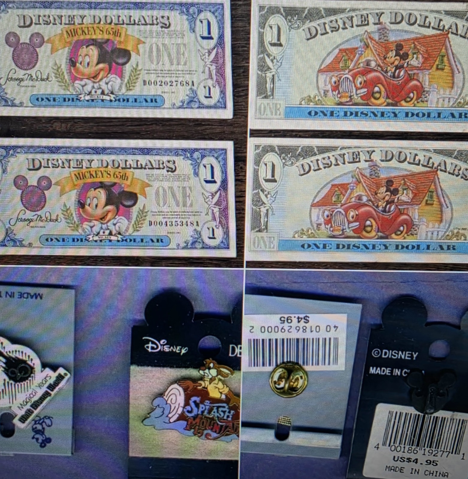 TWO 1993 Mickey $1 Disney Dollars and TWO BRAND NEW PINS TWO 1993 Mickey $1 Disney Dollars and TWO BRAND NEW PINS