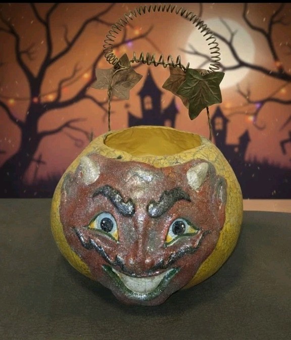 Vintage Halloween Paper Mache Devil Jack O Lantern Pumpkin Pulp Bucket Rare