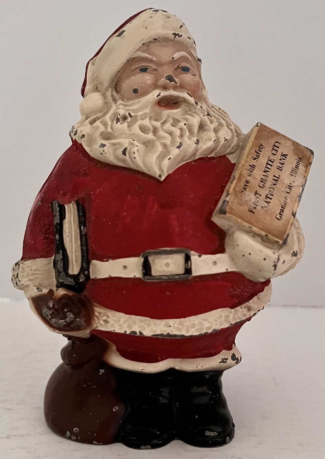 Rare antique Santa Claus First Granite City National ILL white metal still bank Rare antique Santa Claus First Granite City National ILL white metal still bank