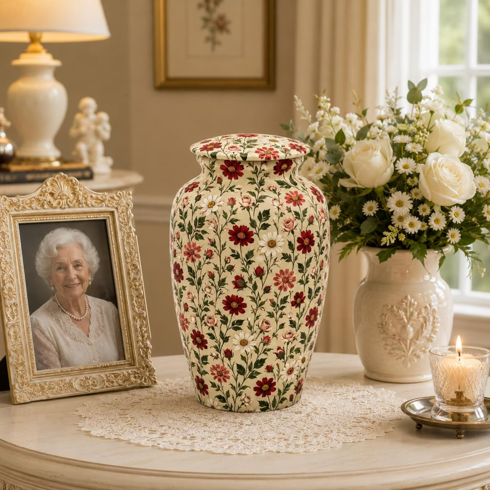 Vintage Floral Cremation Urn, Hand-Painted Roses & Daisie10 inches ship by fedex