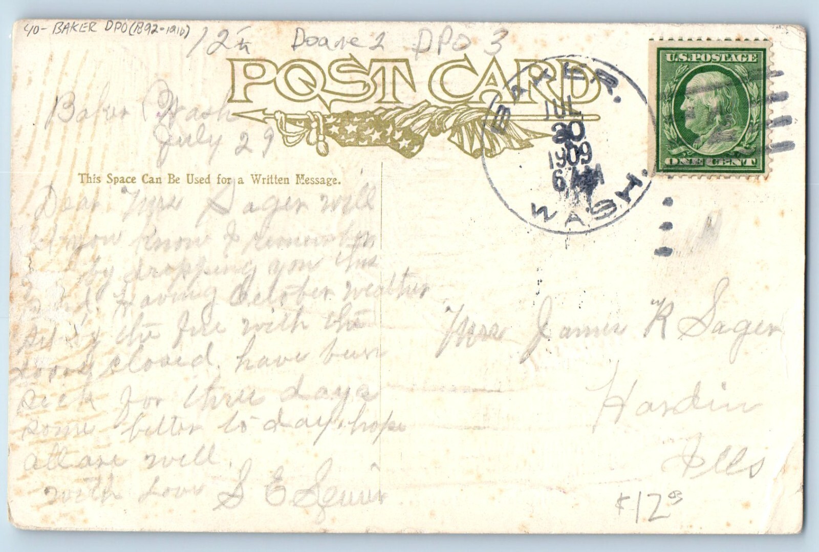 DPO (1892-1910) Baker WA Postcard Cabinet Gorge Missoula River Montana MT 1909
