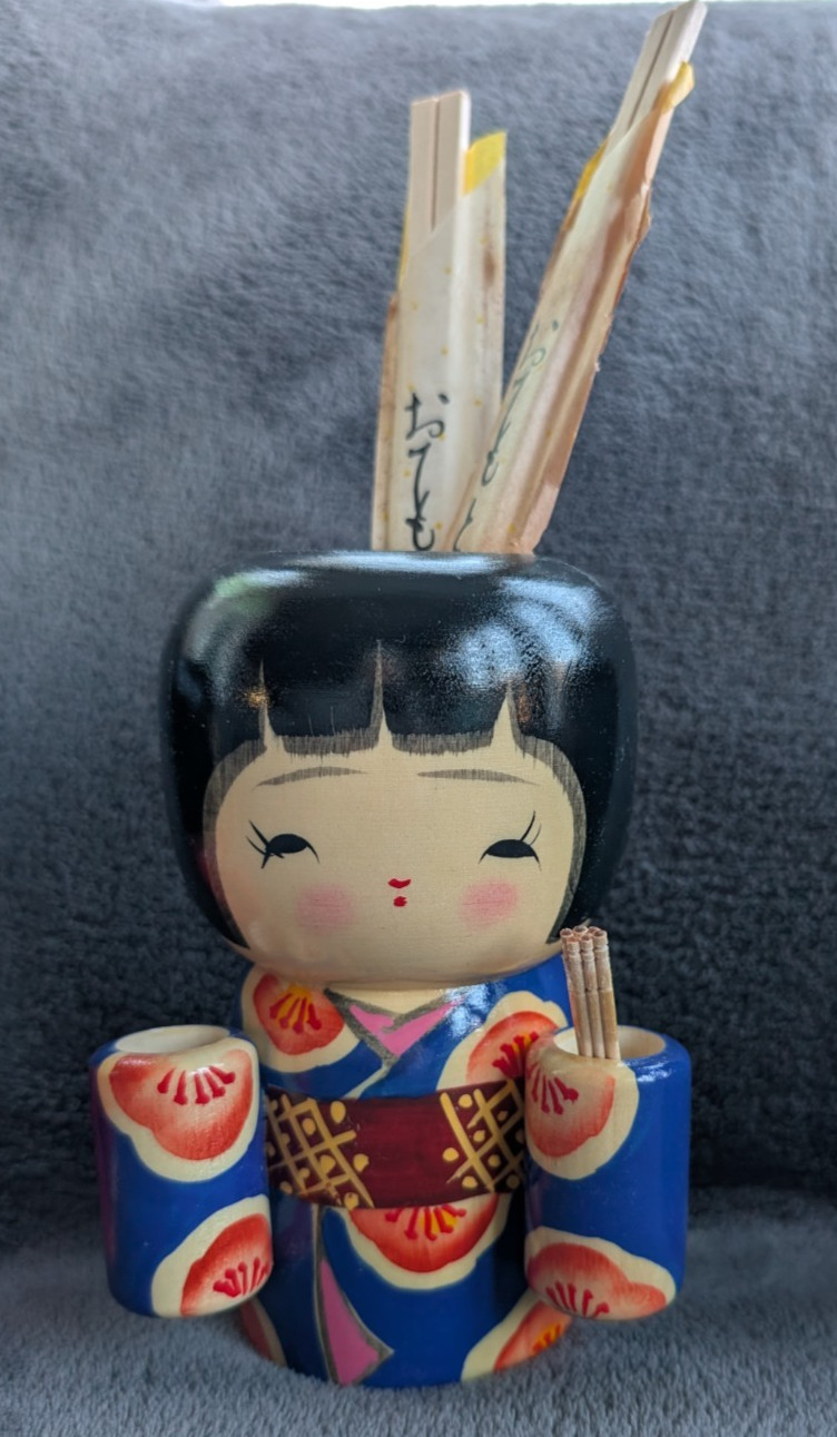 Vtg Japanese Kokeshi Doll by Torao Hosaka Wood Toothpick Chopstick Holder 70s Vtg Japanese Kokeshi Doll by Torao Hosaka Wood Toothpick Chopstick Holder 70s