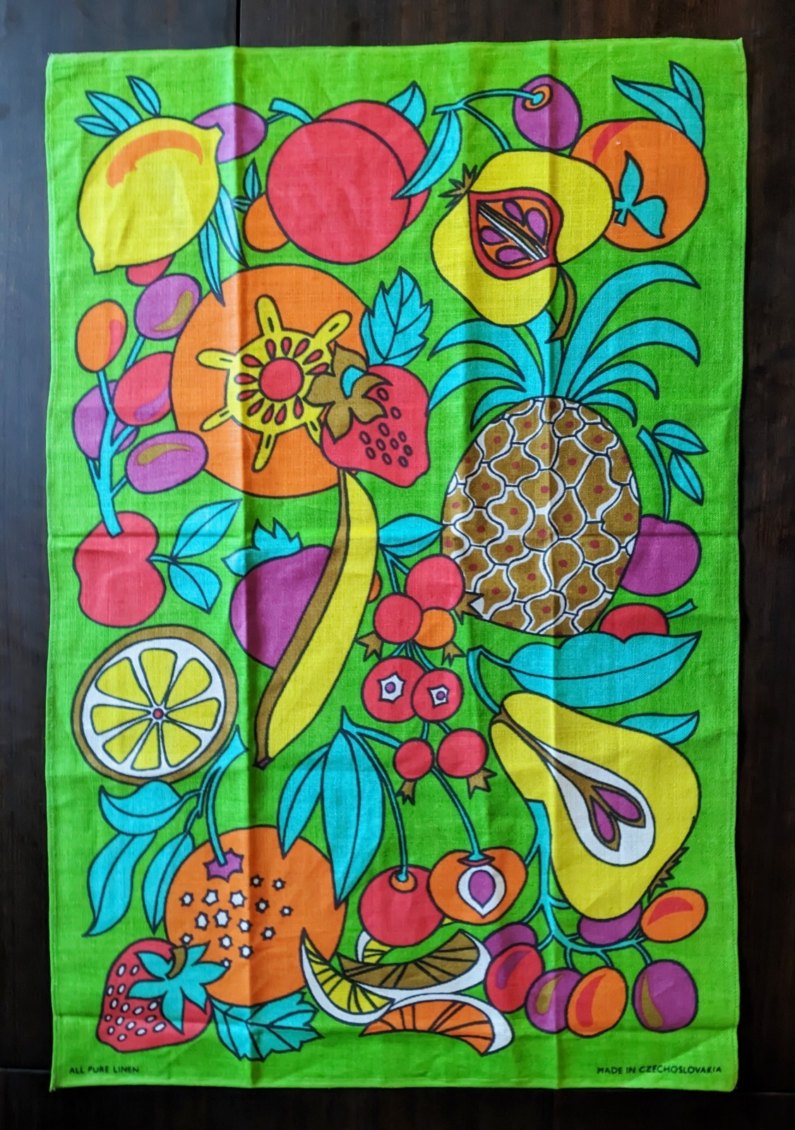 Vintage 1970s Psychedelic Linen Tea Towel Czechoslovakia Retro Fruit Print Green
