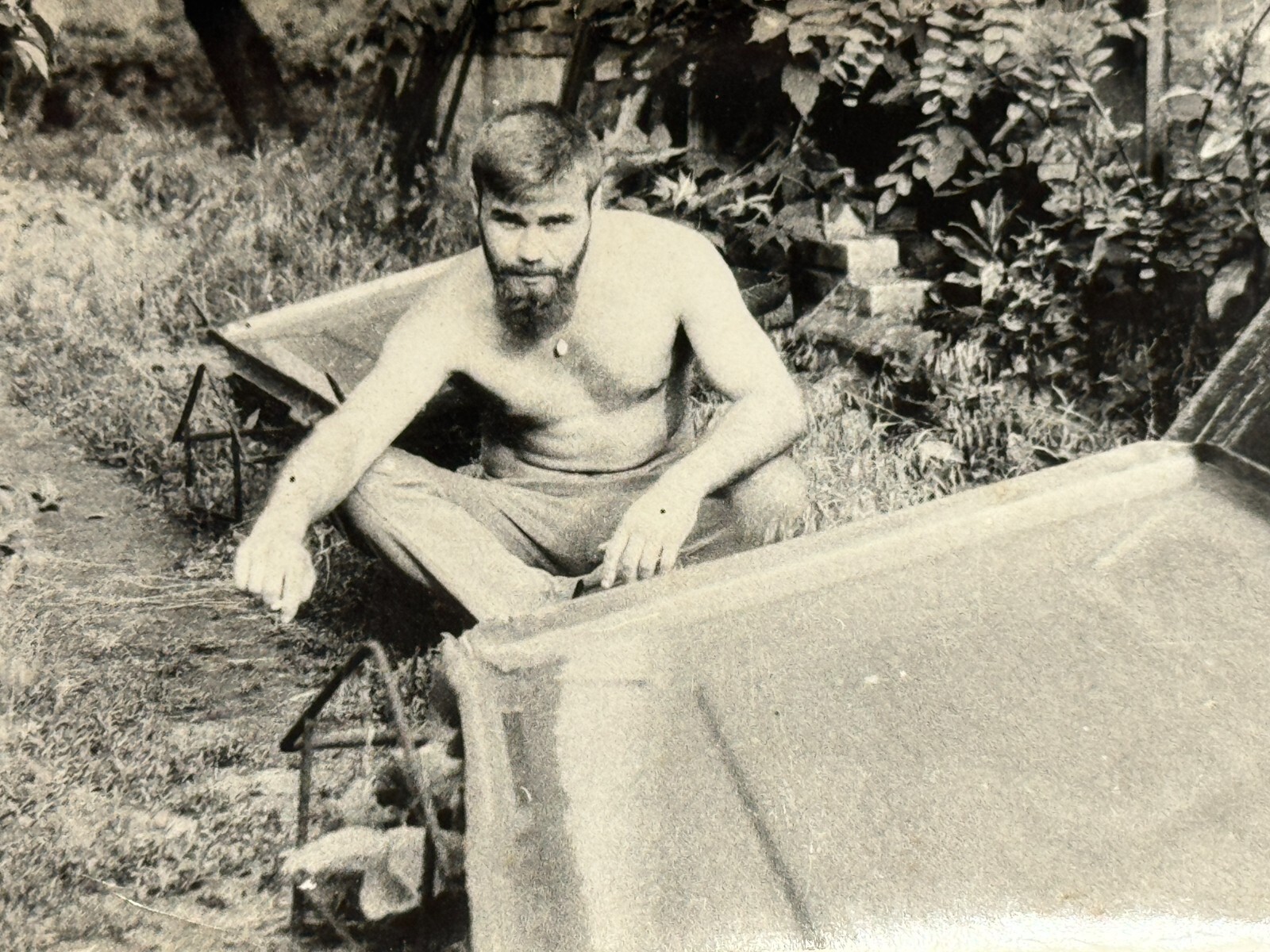 Young Man Shirtless Bearded Portrait Soviet Vintage Snapshot Photo 1980s USSR