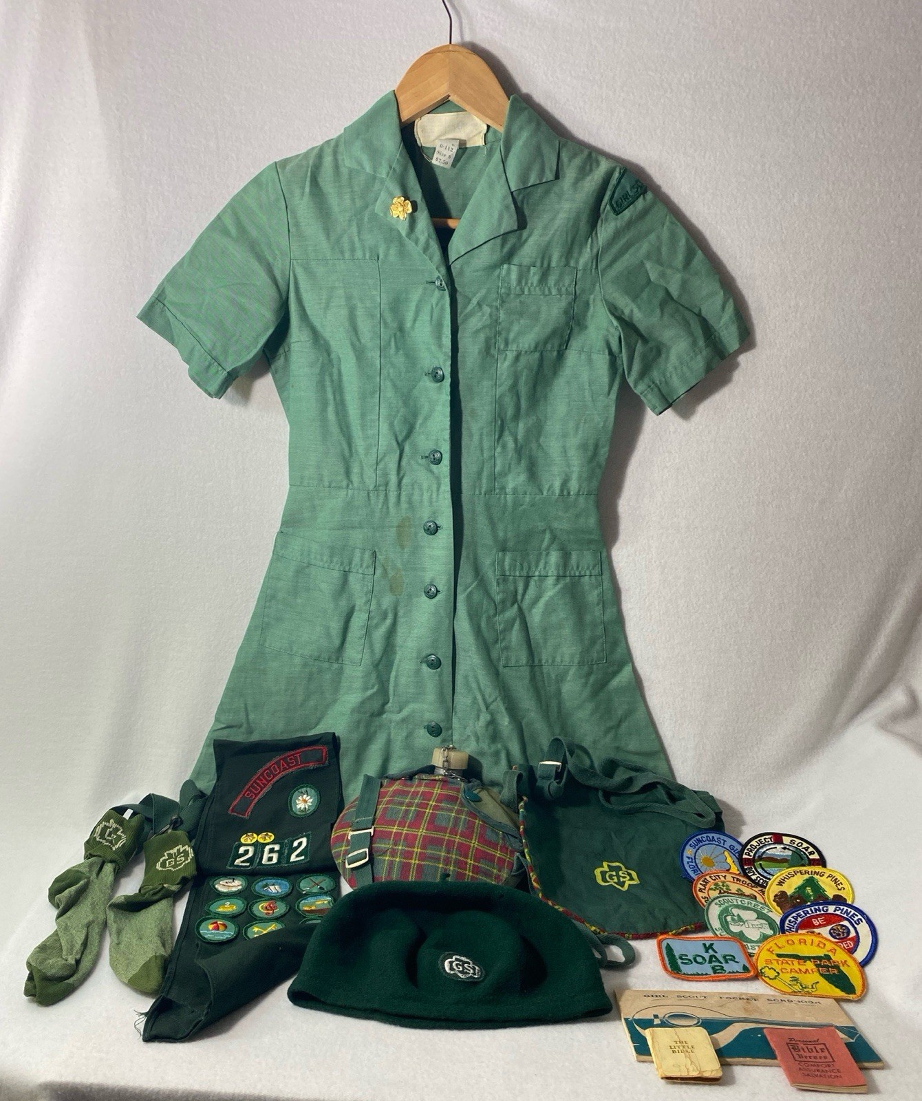 Vintage 1970’s Girl Scout Uniform Lot Dress, Sash, Canteen, Merit Badges & More Vintage 1970’s Girl Scout Uniform Lot Dress, Sash, Canteen, Merit Badges & More