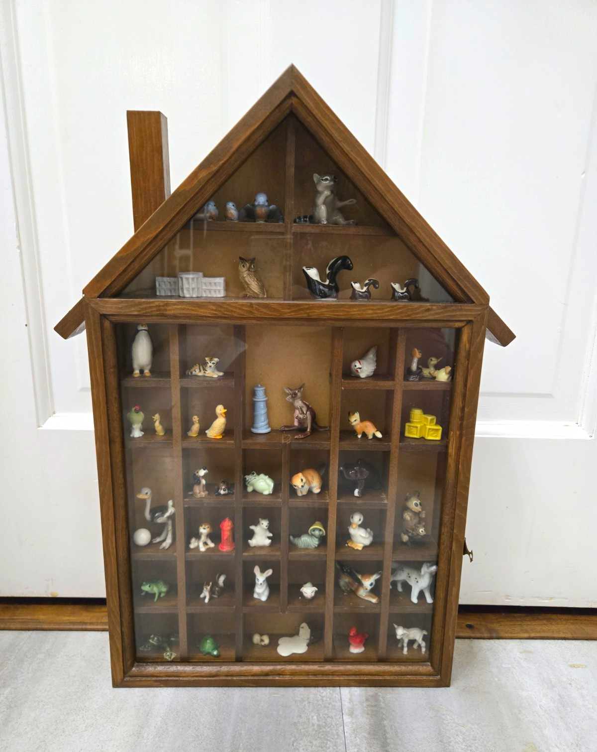 House-Shaped Wood Antique Display Cabinet Shadow Box, Glass Door, 48 Mini Figure House-Shaped Wood Antique Display Cabinet Shadow Box, Glass Door, 48 Mini Figure