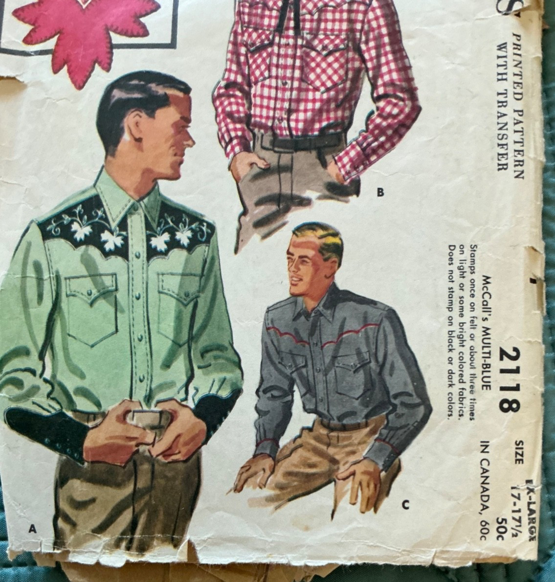 Vintage 1956 2118 Men’s XL 17.5 McCall’s pattern western cowboy shirt rodeo