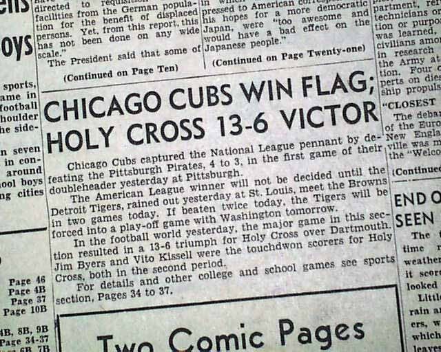 CHICAGO CUBS Win NL Baseball MLB Pennant Last WS Until 2016 in 1945 Newspaper