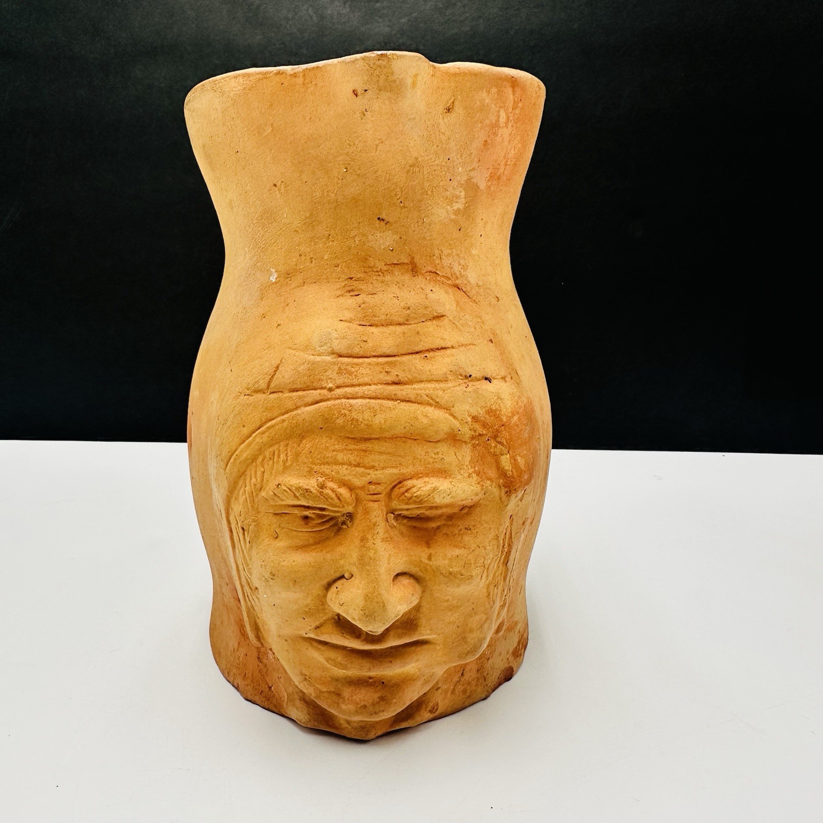 Vintage Terracotta Pottery Man Face Pitcher Jar Handmade 4” Tall Folk Art