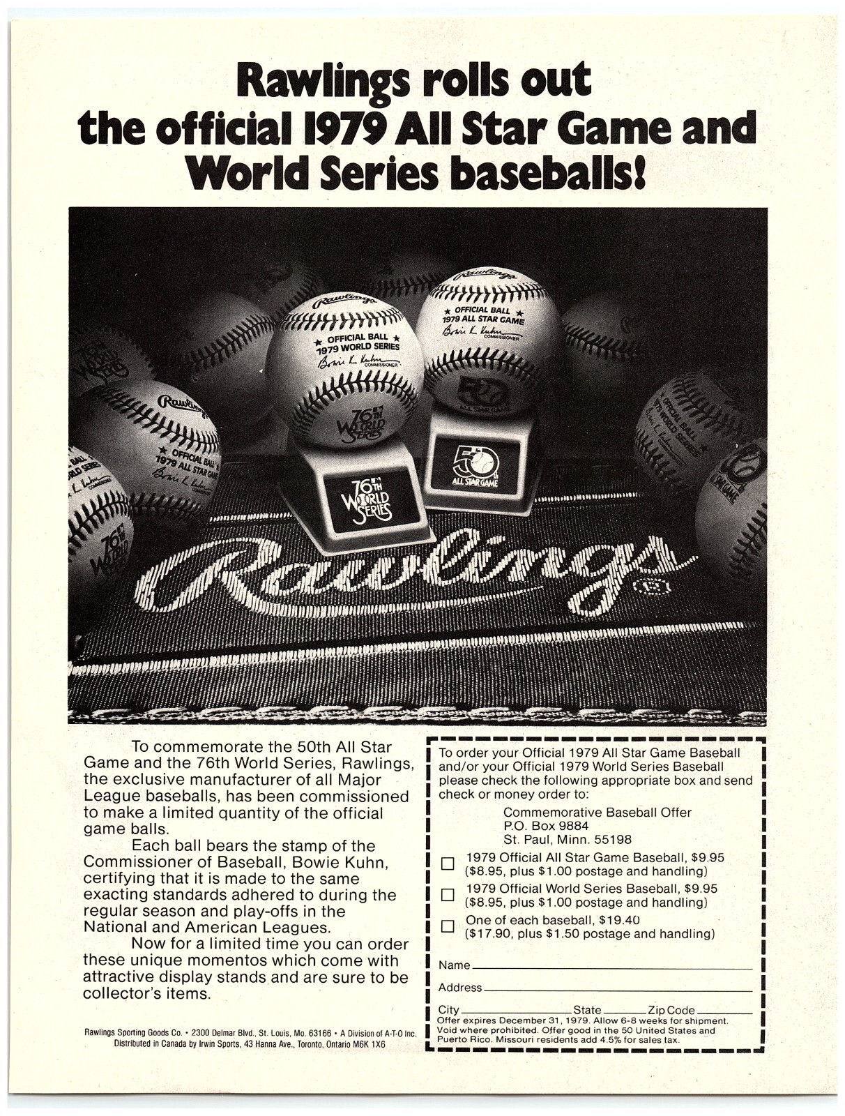 1979 Rawlings Print Ad, Official All Star Game & World Series Baseballs Form 1979 Rawlings Print Ad, Official All Star Game & World Series Baseballs Form