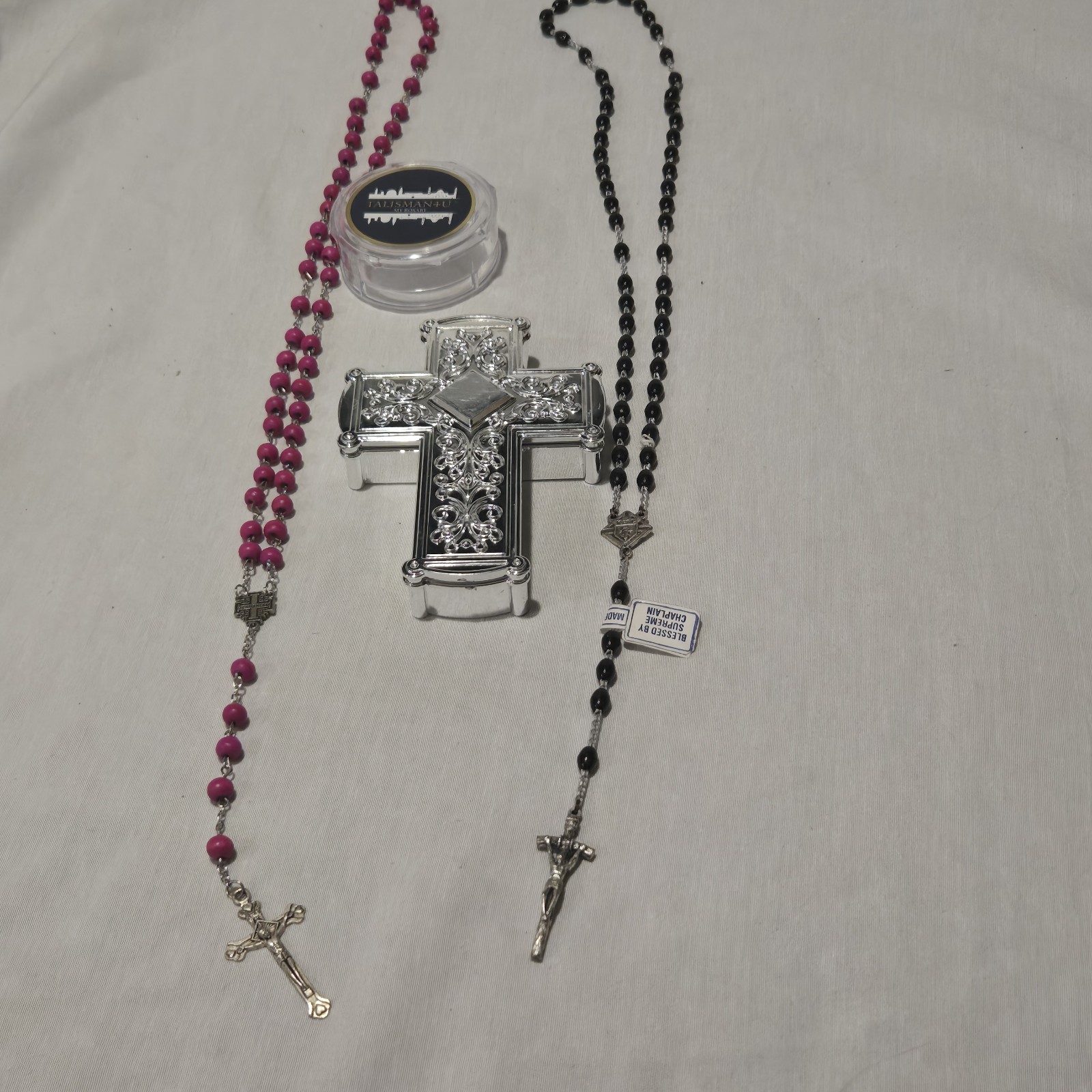 Vintage Catholic Rosary Lot (3pc) – Italy Quadruple Link, Jerusalem Pink, Box