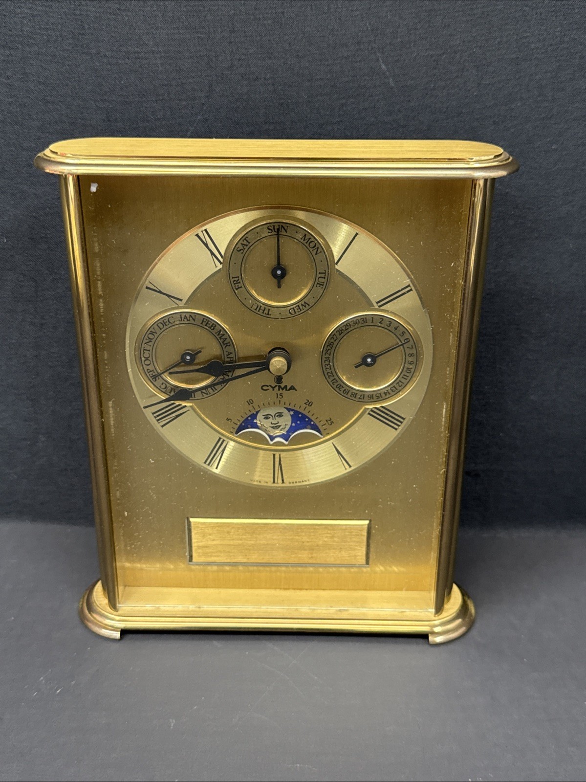 Vintage CYMA Hermle 2100 Calendar Moon Phase Brass Desk Clock Germany Vintage CYMA Hermle 2100 Calendar Moon Phase Brass Desk Clock Germany