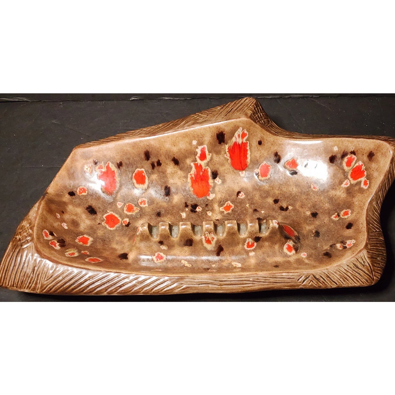 Vintage Large Mid Century Ceramic Boomerang Ashtray Speckled Glaze 14in
