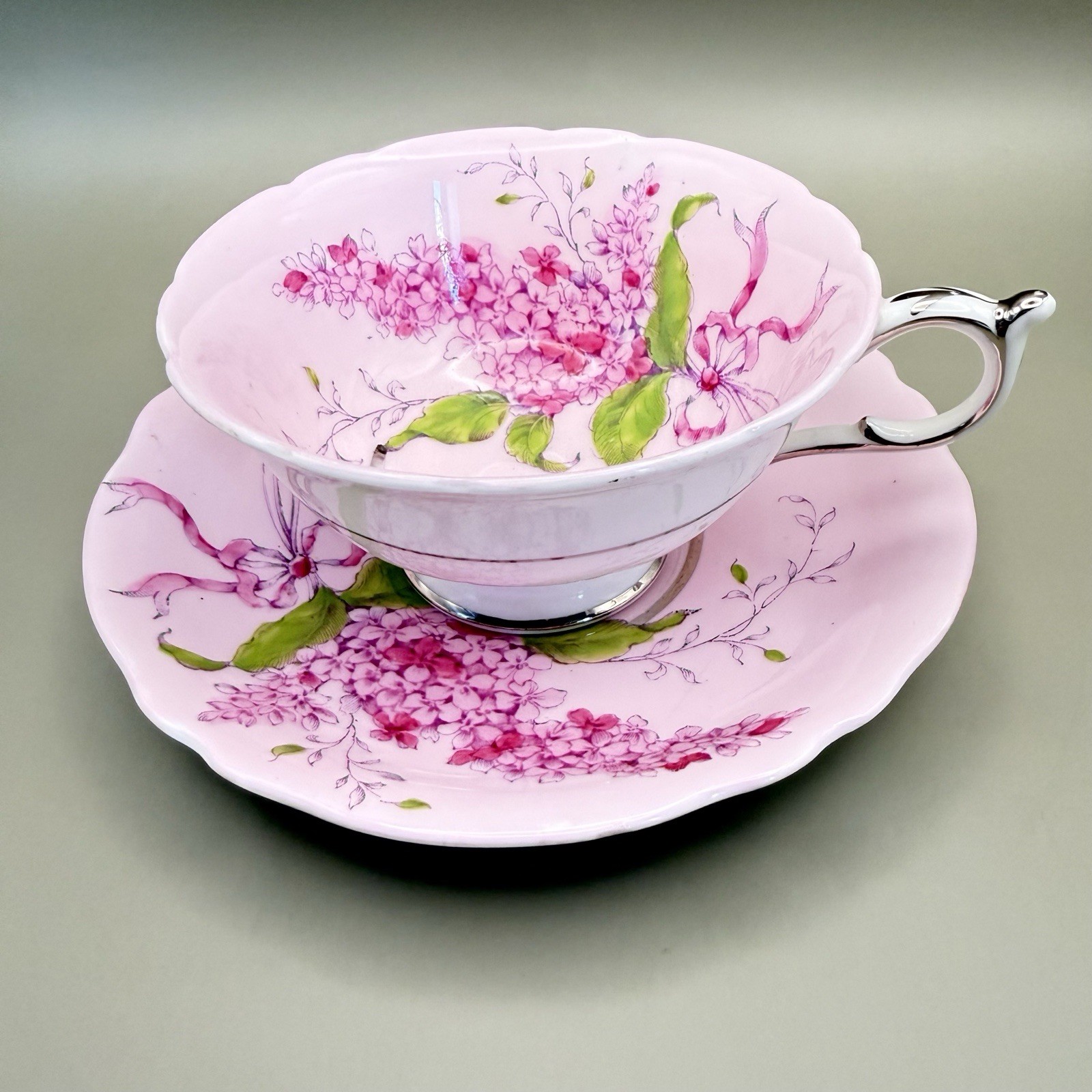 Vtg Paragon Double Warrant Teacup Saucer Lilac Pink Ribbon Bone China England Vtg Paragon Double Warrant Teacup Saucer Lilac Pink Ribbon Bone China England