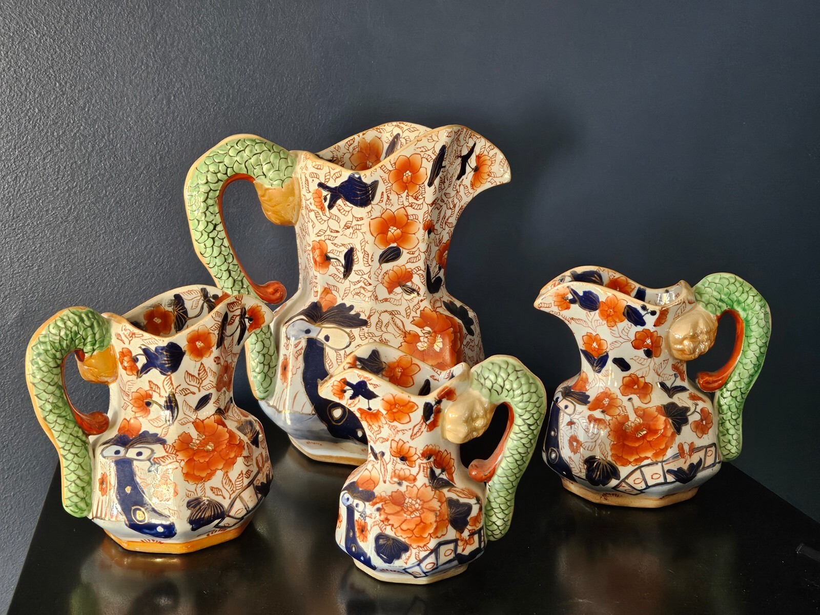 Set of 4 Vintage Ironstone Mason Imari Hydra/Snake Handled Pitchers and Basin