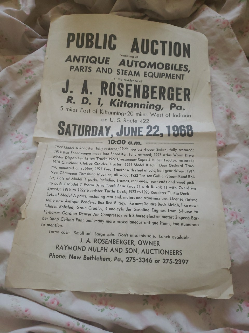 Antique Automobile Public Auction Poster, Pennsylvania, 1968 Antique Automobile Public Auction Poster, Pennsylvania, 1968