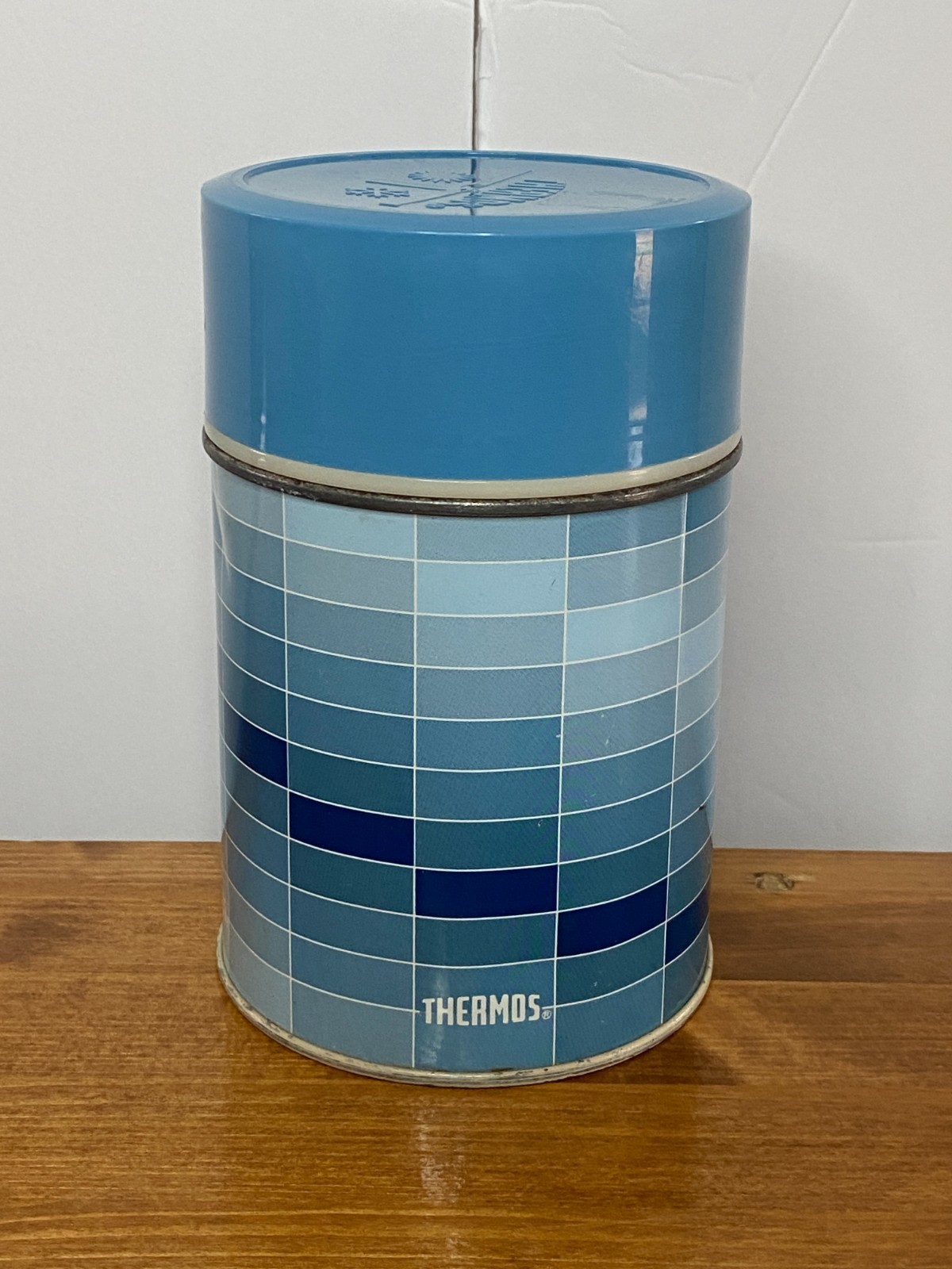 Vintage Thermos King Steeley Blue Block Pattern Metal Insulated 10 Oz Soup Cup
