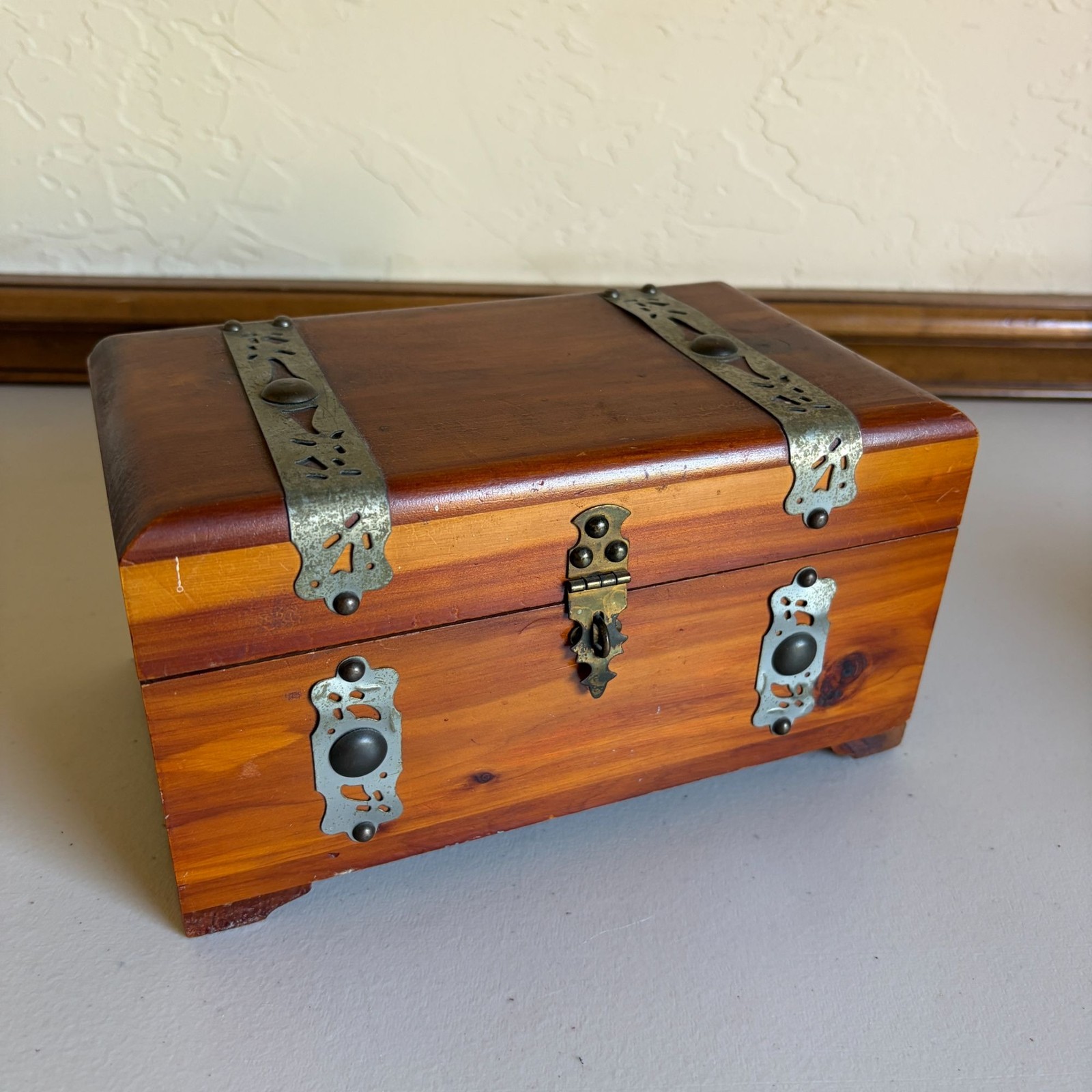 Antique 1940s Wooden Cedar Keepsake Box Metal Straps Antique 1940s Wooden Cedar Keepsake Box Metal Straps