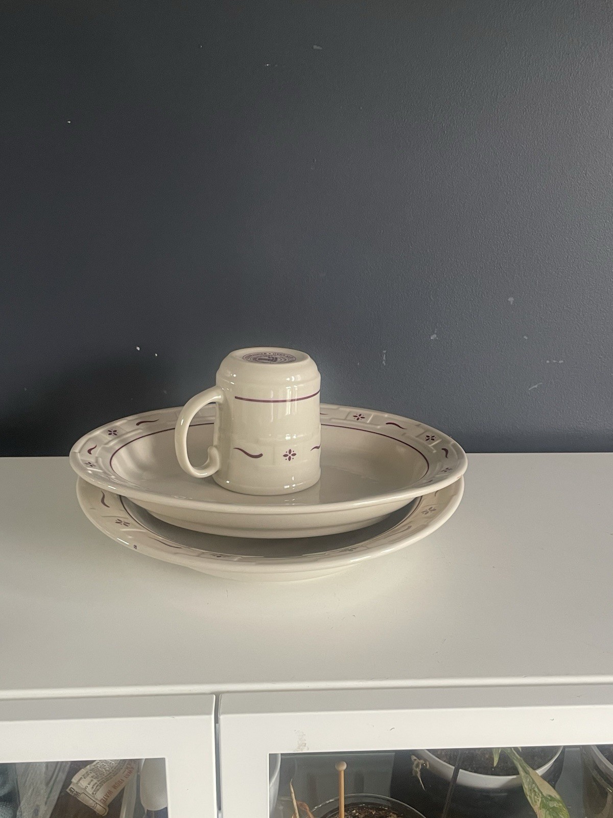 Longaberger Pottery 3 Pc Serving Set Platters Bowl Mug Purple Ivory USA