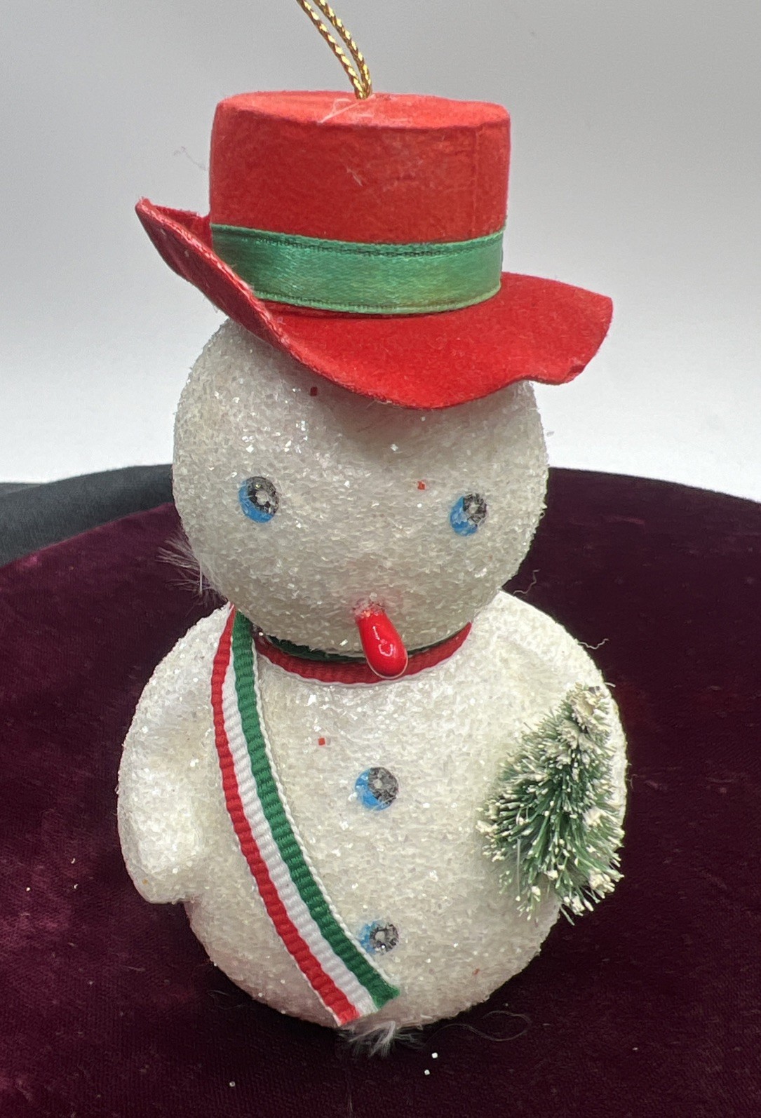 Vintage 1950s Glitter Flocked Mica Snowman Christmas Ornament Foam 5” Vintage 1950s Glitter Flocked Mica Snowman Christmas Ornament Foam 5”