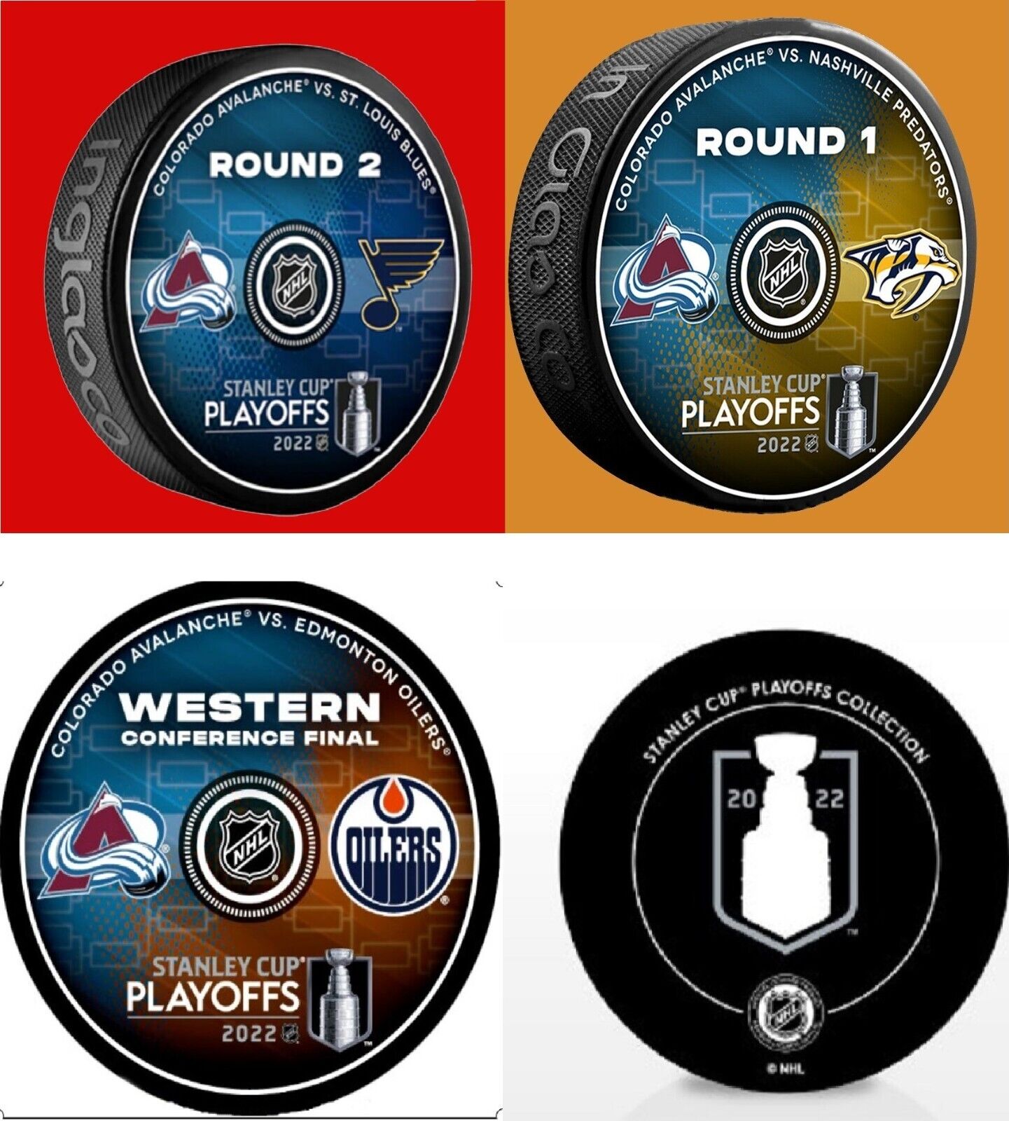2022 NHL PLAYOFFS 3 PUCK SET COLORADO AVALANCHE WESTERN CONFERENCE ROUNDS 1 & 2 