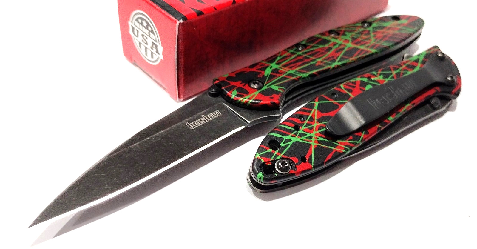 KERSHAW KS1660 Black Green Red Leek Speedsafe A/O Assisted Folding Pocket Knife KERSHAW KS1660 Black Green Red Leek Speedsafe A/O Assisted Folding Pocket Knife