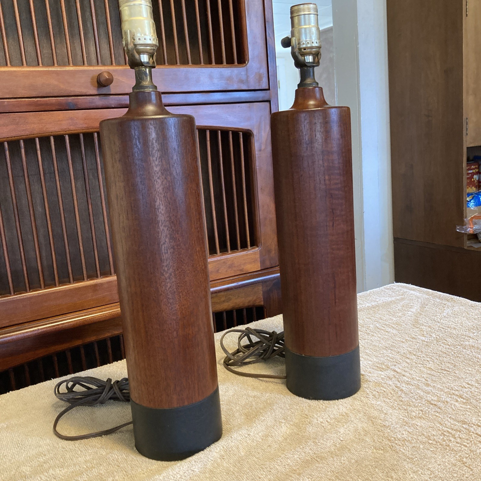 Pair MCM Elektro Special A/S Denmark 1960’s Vintage Old Growth Teak Lamps. ESA Pair MCM Elektro Special A/S Denmark 1960’s Vintage Old Growth Teak Lamps. ESA