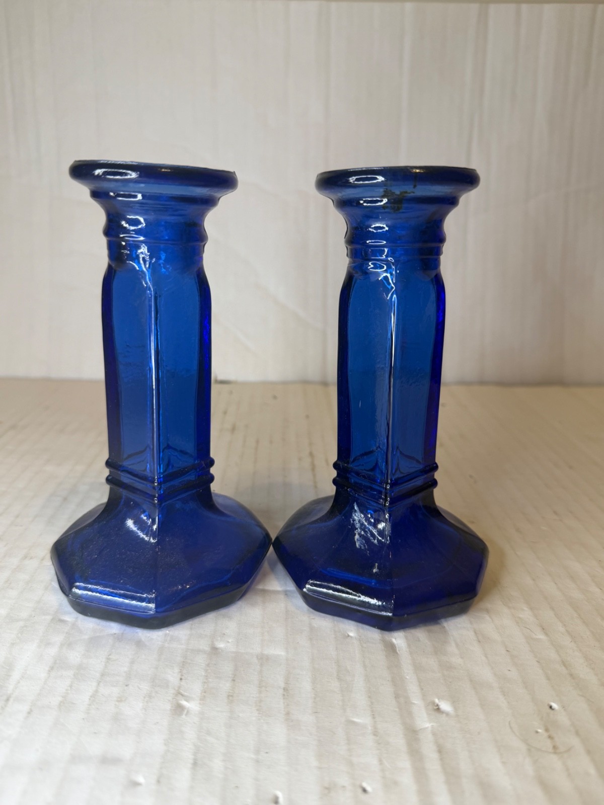 Vintage Cobalt Blue Pressed Glass Candlestick Holders Pair