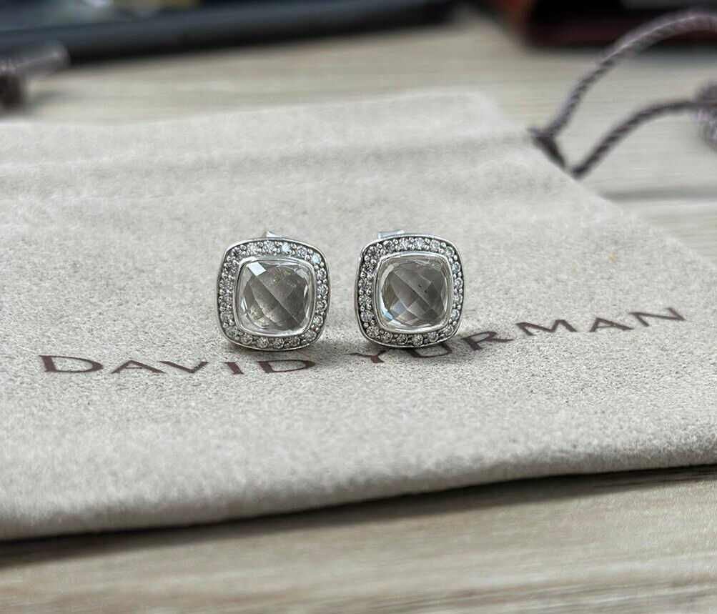 David Yurman Sterling Silver 7mm Albion White Topaz Diamonds Stud Earrings