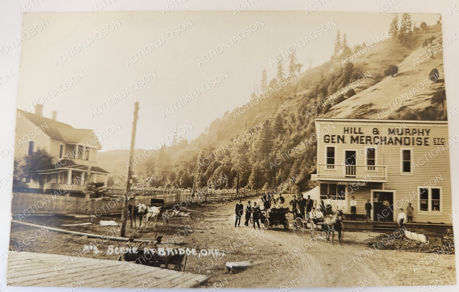 RPPC Bridge Oregon HILL MURPHY General Merchandise Store Old Car Wagon People