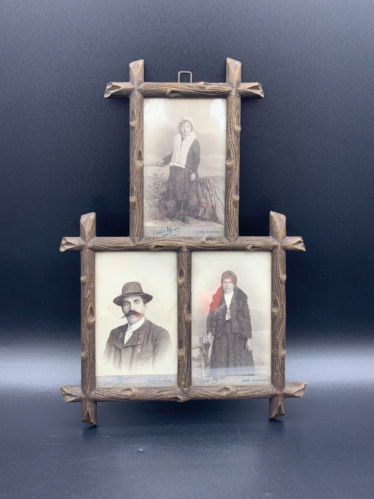 Antique Austrian Black Forest Triptych Photo Frame Wooden Branch Folk Tramp Art