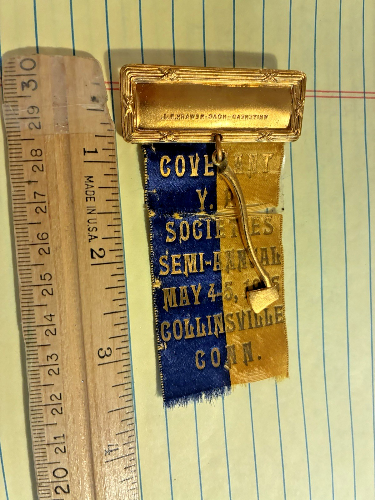 1935 PINBACK RIBBON -Covenant Y.P. Societies Puritan -Collinsville, Connecticut 1935 PINBACK RIBBON -Covenant Y.P. Societies Puritan -Collinsville, Connecticut
