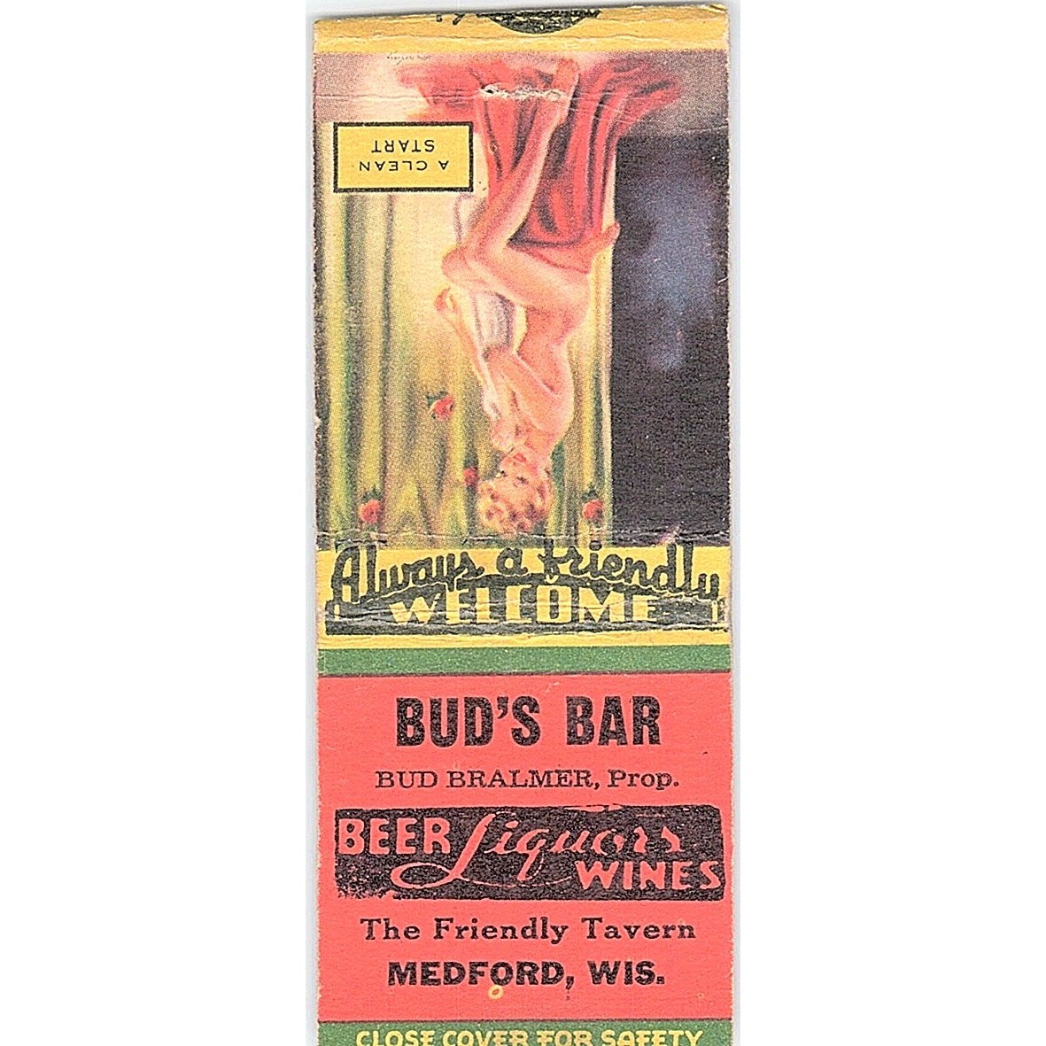 Bud's Bar Bud Brahmer Medford WI Pinup Vintage Matchbook Cover SC7-Y6 Bud's Bar Bud Brahmer Medford WI Pinup Vintage Matchbook Cover SC7-Y6