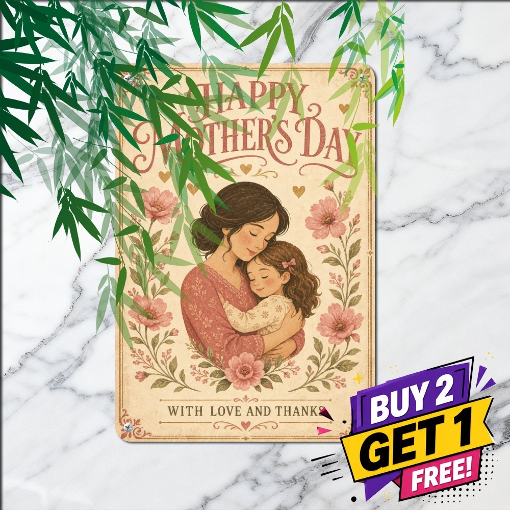 Mother Child Embrace Pink Floral Sign Heartfelt Family Love Metal Plaque