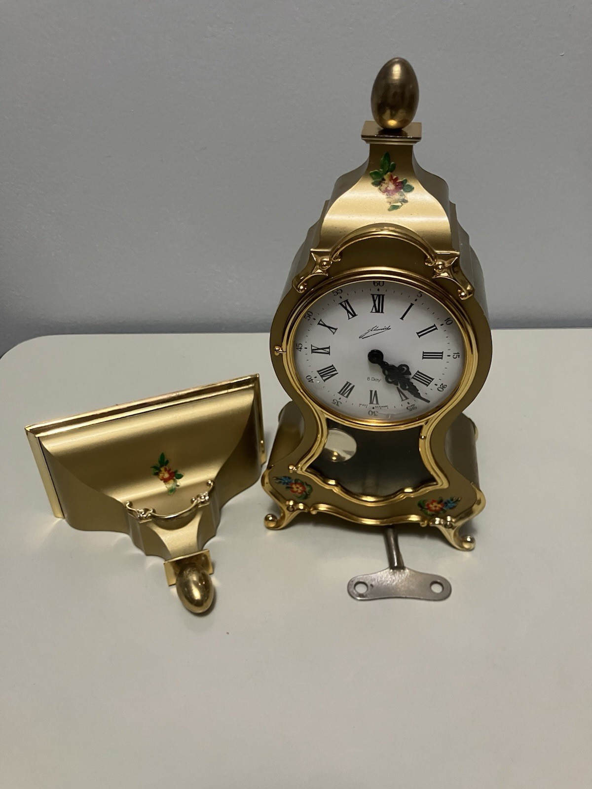 Rare Vintage Johmid Clock Gold Tone Red Green Floral Flowers w/Shelf & Key Rare Vintage Johmid Clock Gold Tone Red Green Floral Flowers w/Shelf & Key