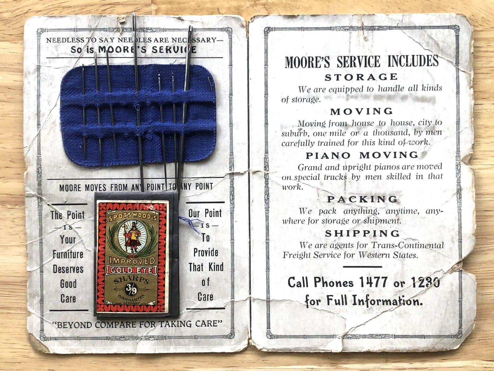 ANTIQUE 1920s HARRY E MOORE STORAGE MOVERS SPOTSWOOD\'S NEEDLES ADVERTISEMENT